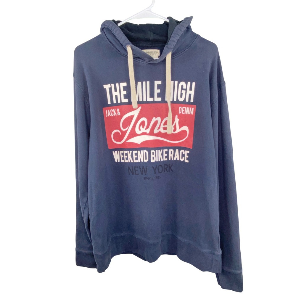 Jack Jones Hoodie Mens XXL‎ Blue Graphic Bike Race New York Sporty Minimalist